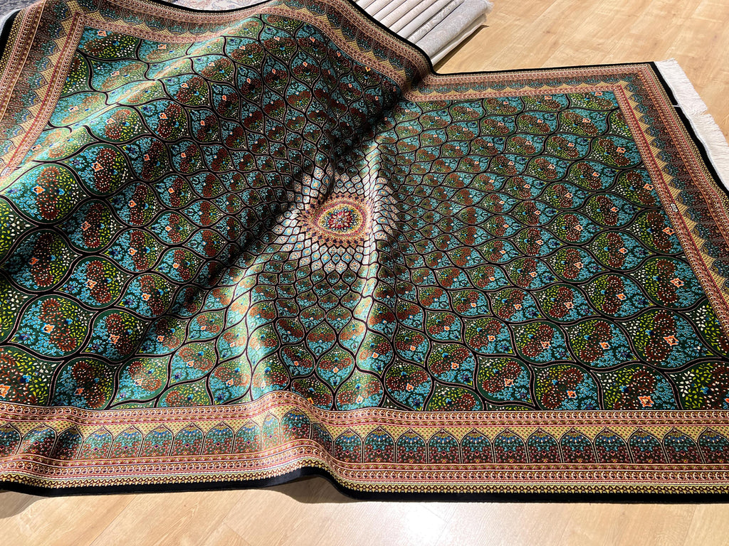 5x8 ft Green Silk Rug, Medallion Peacock Tail Design Rug, Luxury Carpet