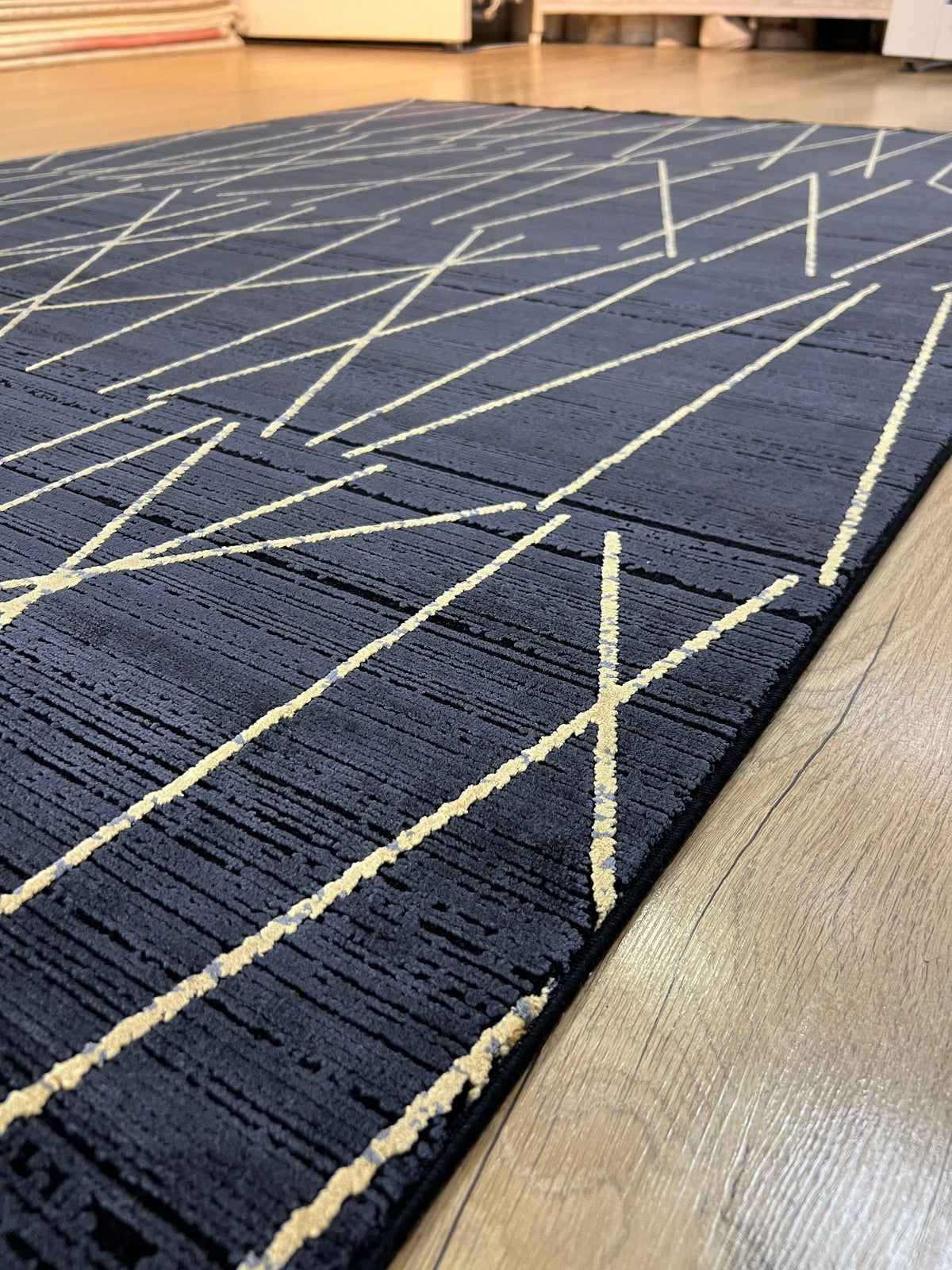 Modern Turkish Black Rug, Bamboo Acrylic, 5x8 ft