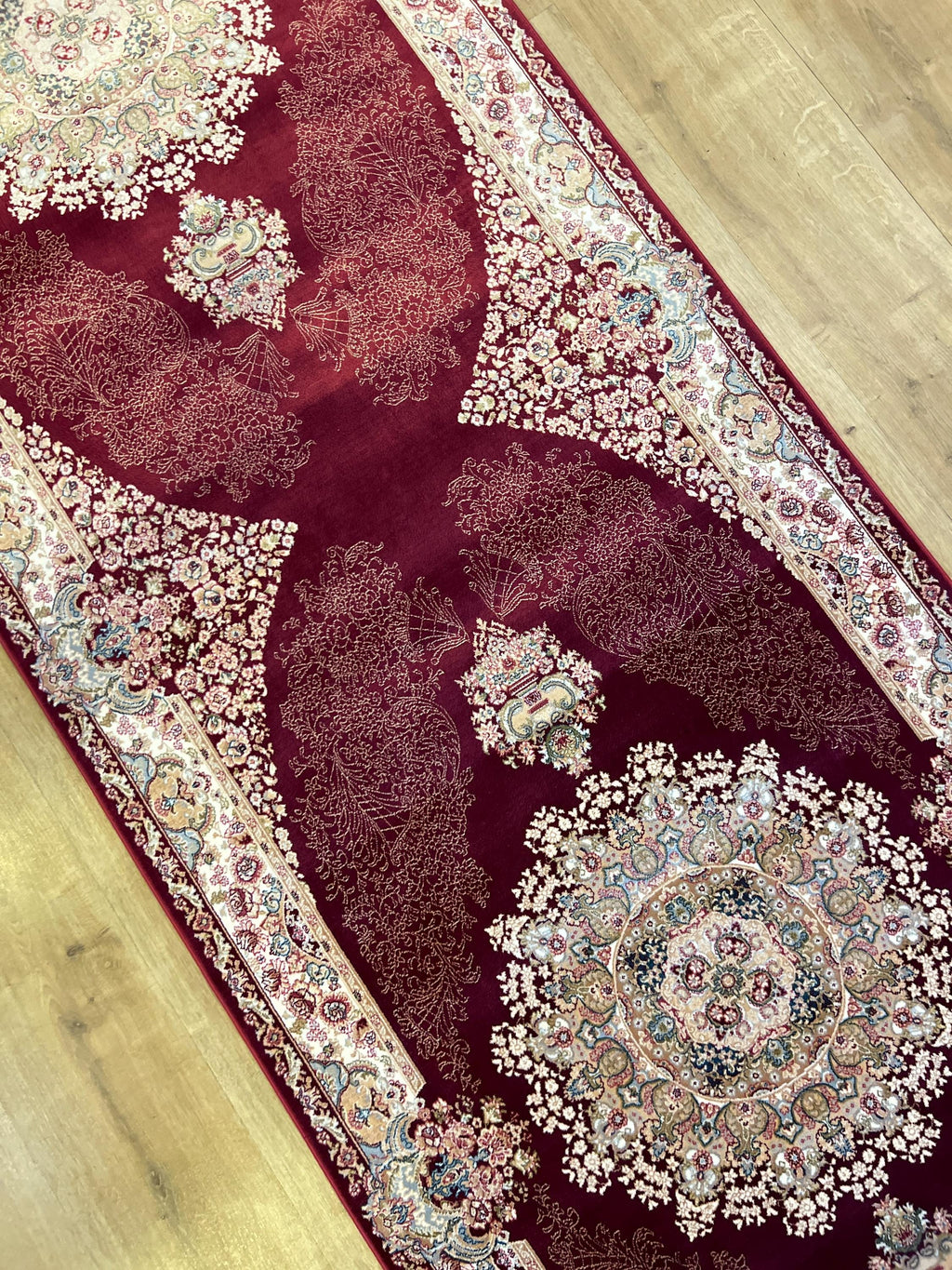 Red Silk Runner Rug, 3x10 ft, Medallion Design Classic Turkish Style Luxury Rug
