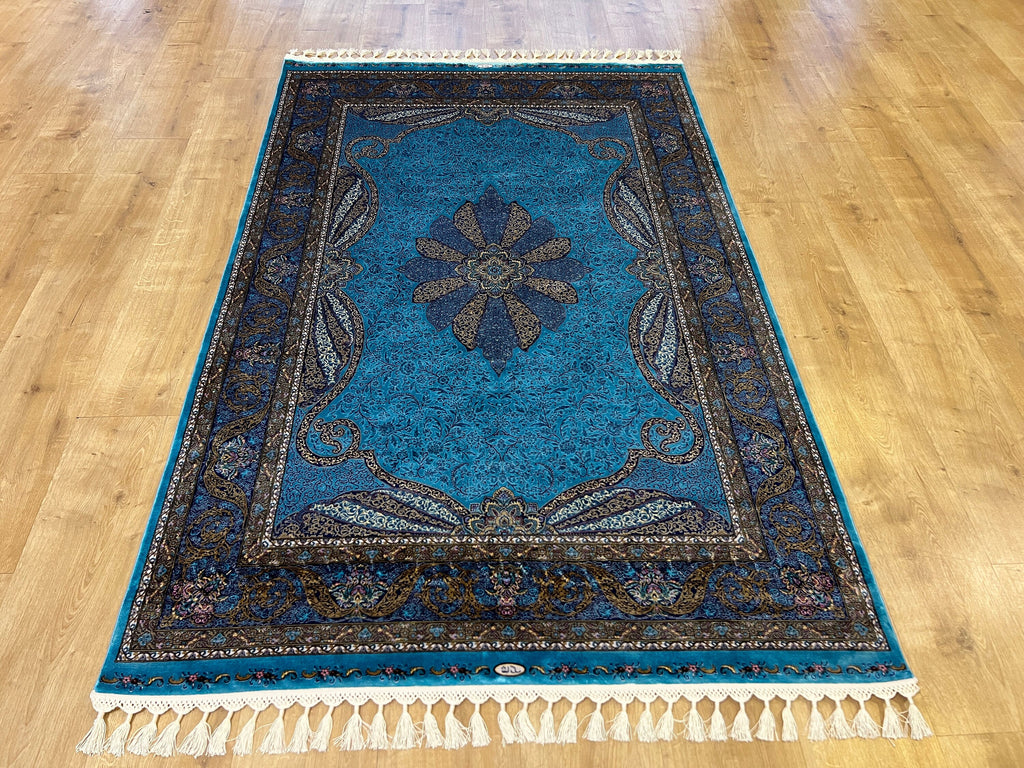 Blue Gold Modal Silk Rug, Classic Turkish Style, Medallion Pattern