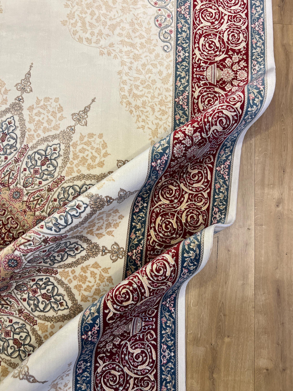7x10 ft Cream Silk Rug with Red Blue Medallion and Border