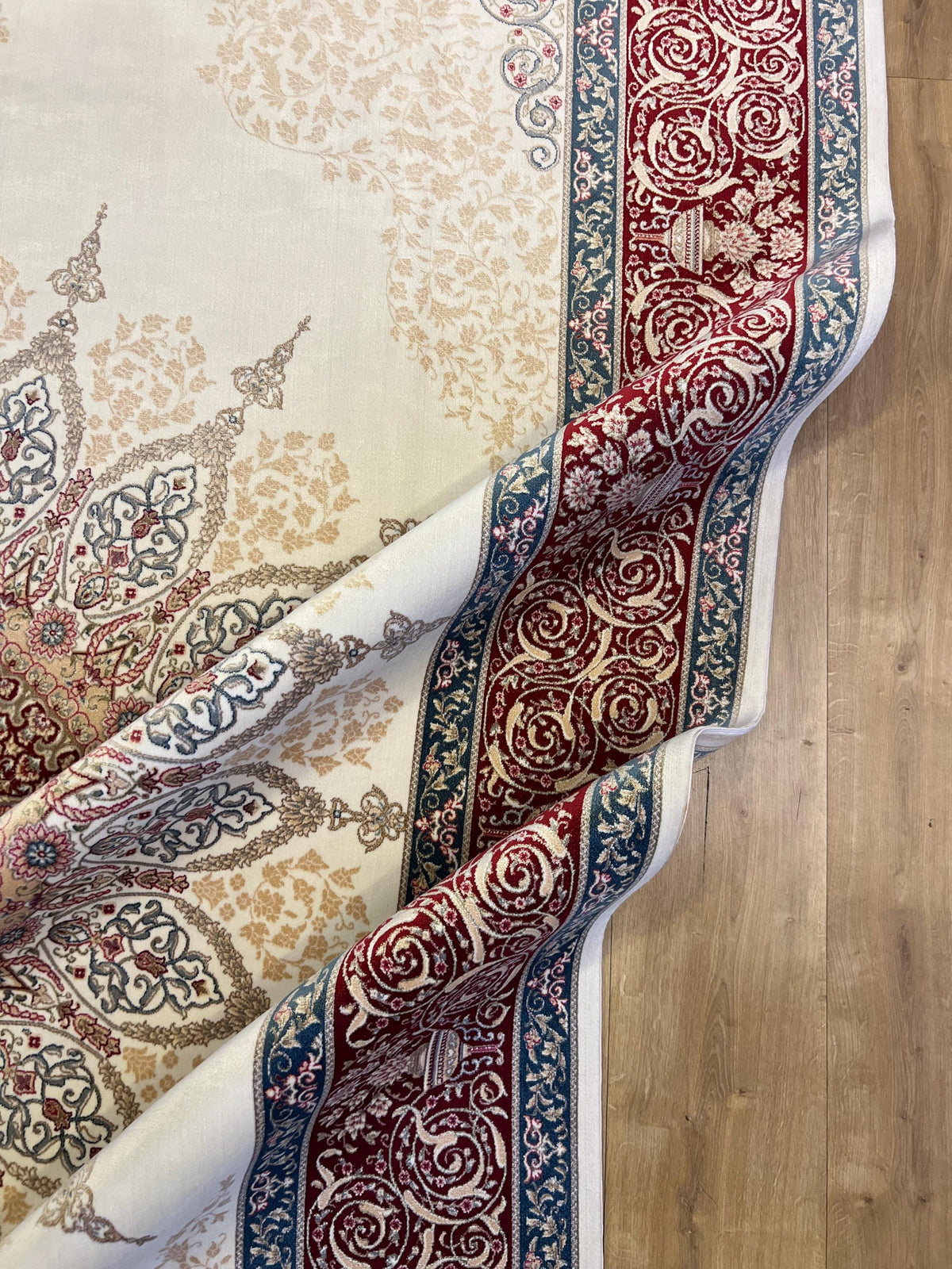 7x10 ft Cream Silk Rug with Red Blue Medallion and Border