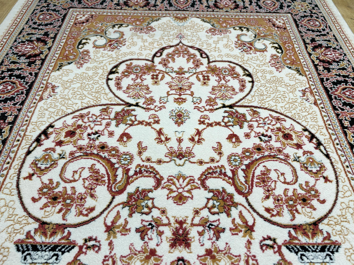 2.55x4.10 Ft Ivory Black Pink Silk Prayer Rug, Muslim Gift Prayer Mat