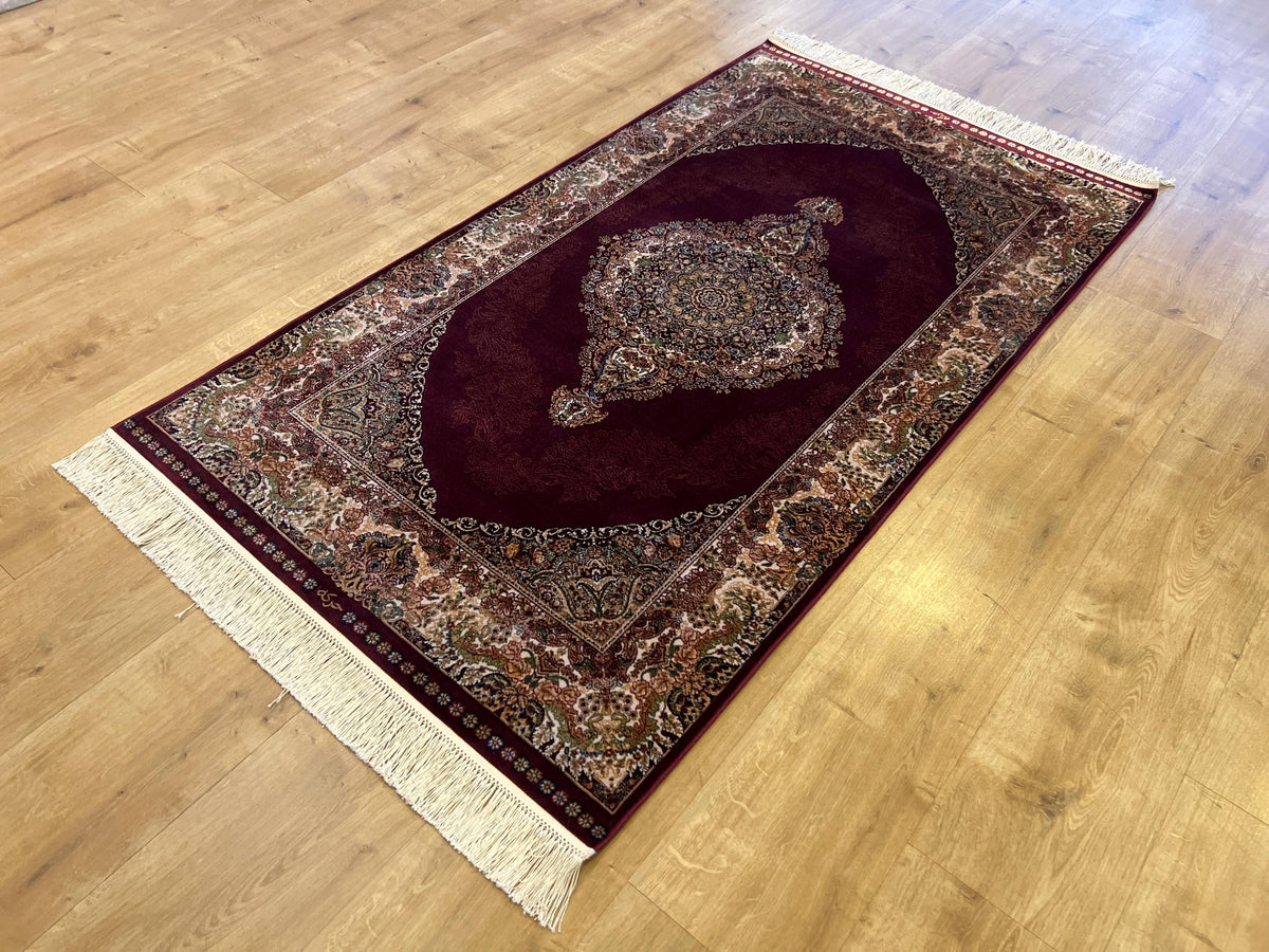 Red Silk Rug with Gold and Green Medallion, 3x5 ft, Classic Small Rug