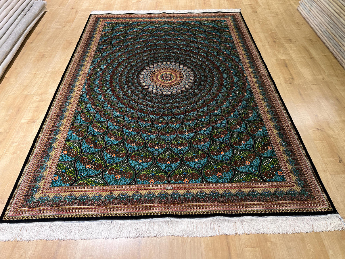 5x8 ft Green Silk Rug, Medallion Peacock Tail Design Rug, Luxury Carpet