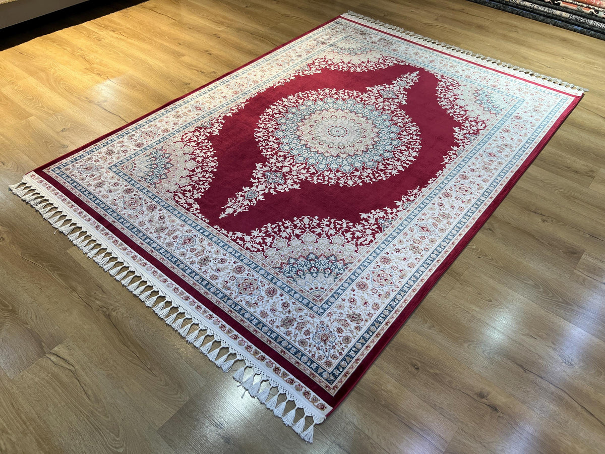 5x8 ft Red Silk Rug, Blue Gold Medallion, Classic Turkish Carpet, Luxury Rug