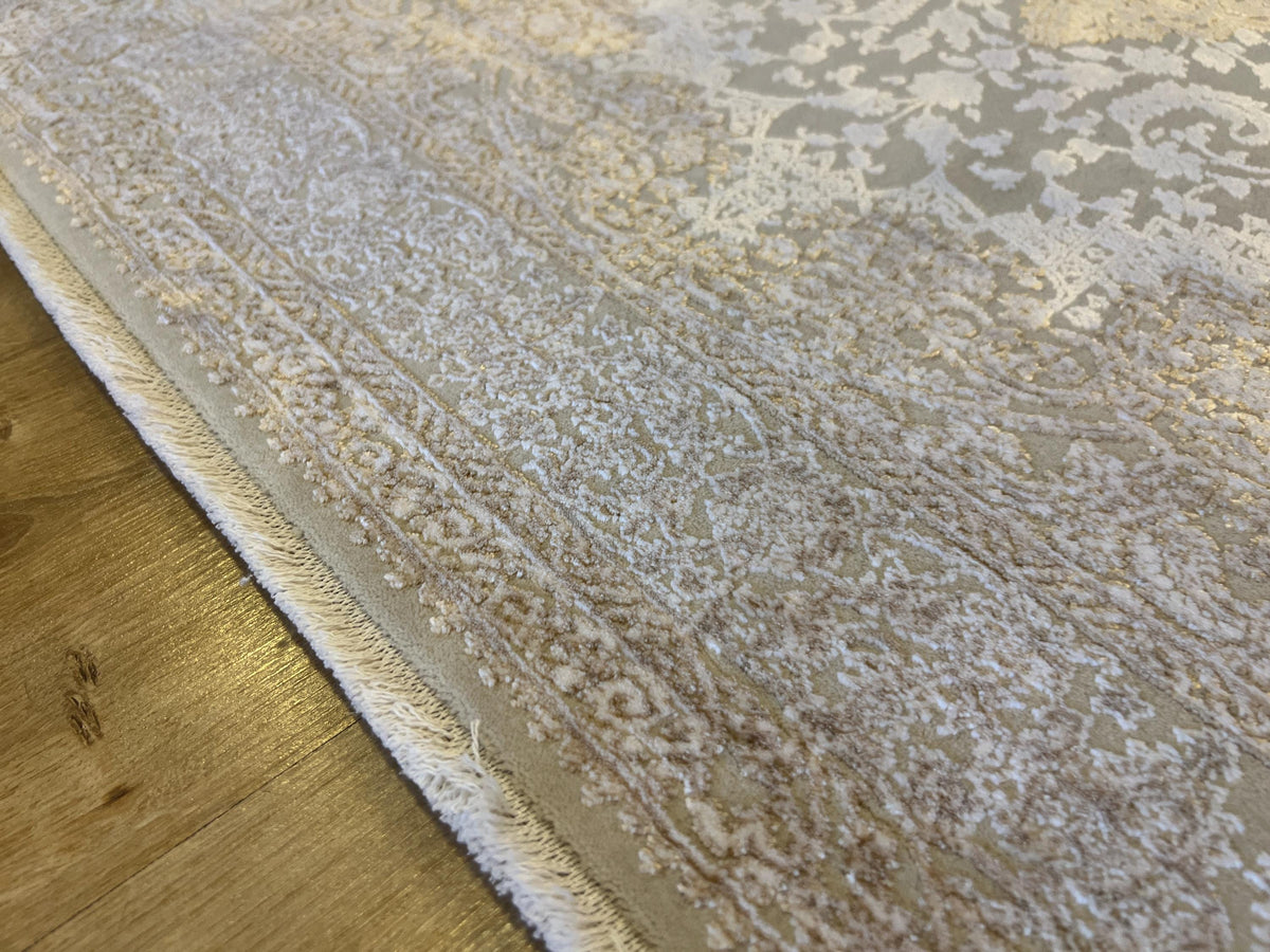 Beige Bamboo Rug with Gold Medallion, 3x5 ft, Turkish Style Small Rug