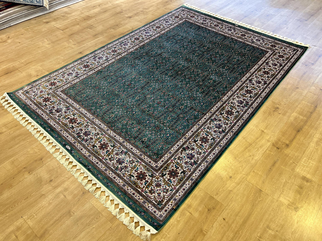 Green Floral Silk Rug with Ivory Frame Classic Turkish Design
