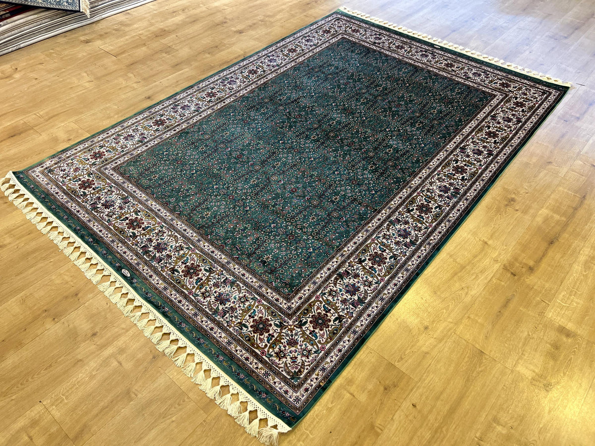 Green Floral Silk Rug with Ivory Frame Classic Turkish Design