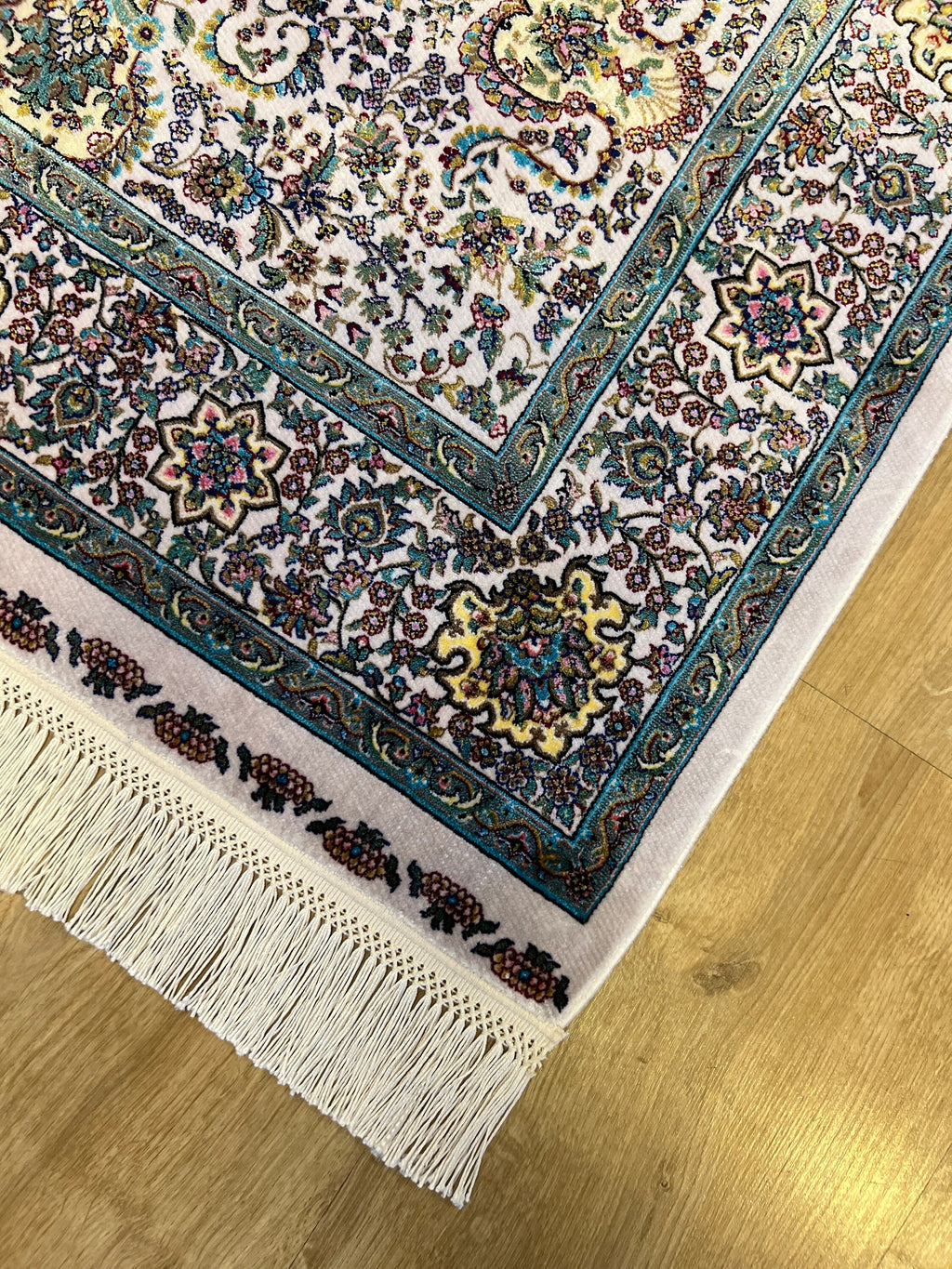 2.62X4.10 ft Ivory Silk Prayer Rug, Green Gold Floral Design, Muslim Prayer Mat
