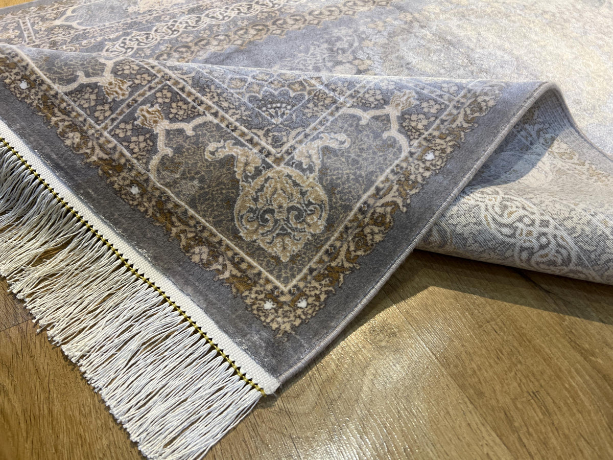 Gray Gold Medallion Silk Rug, 3x5 ft, Classic Luxury Small Area Rug