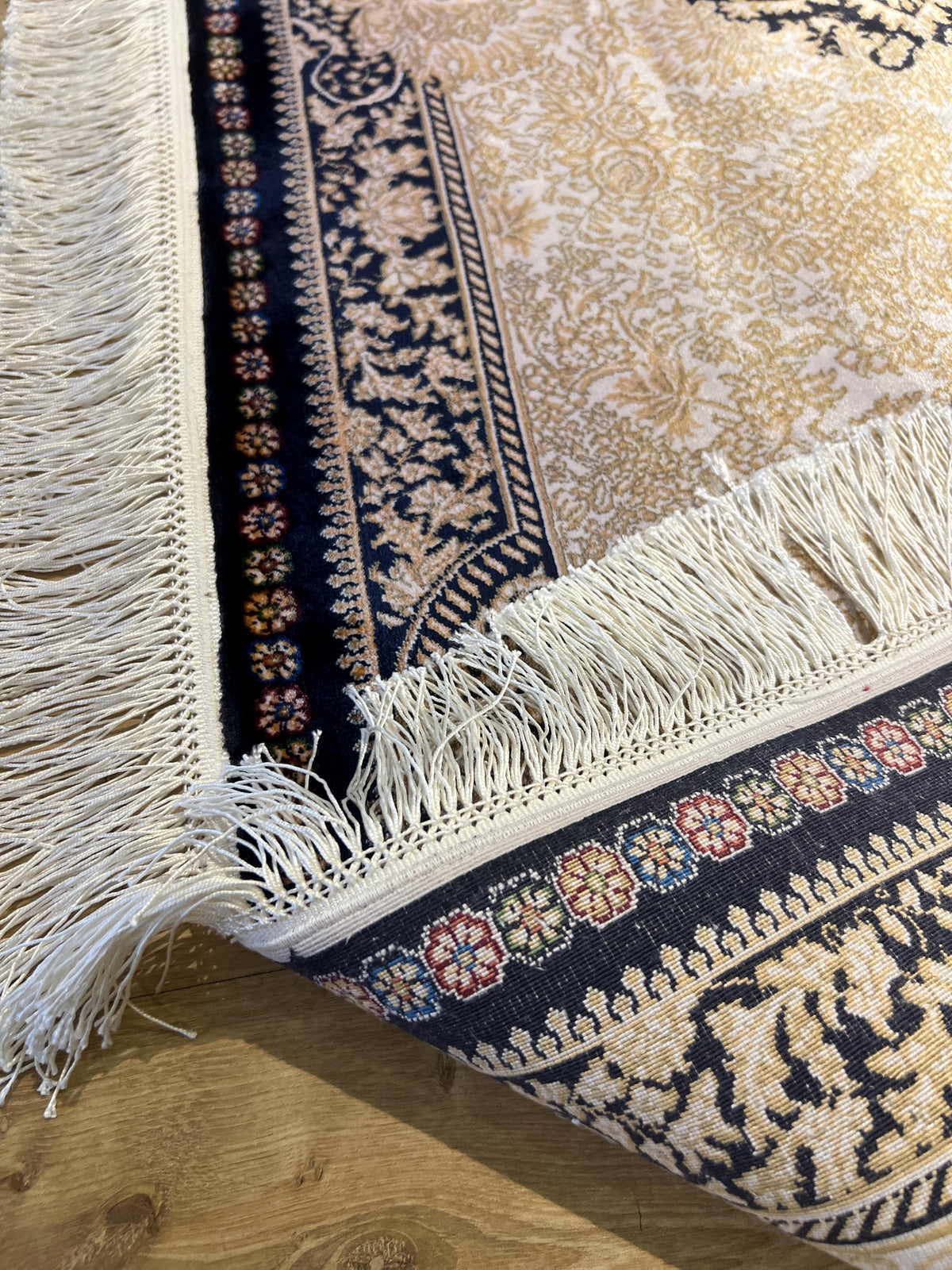 7x10 ft Navy Silk Rug, Gold Medallion and Border, Luxury Turkish Style