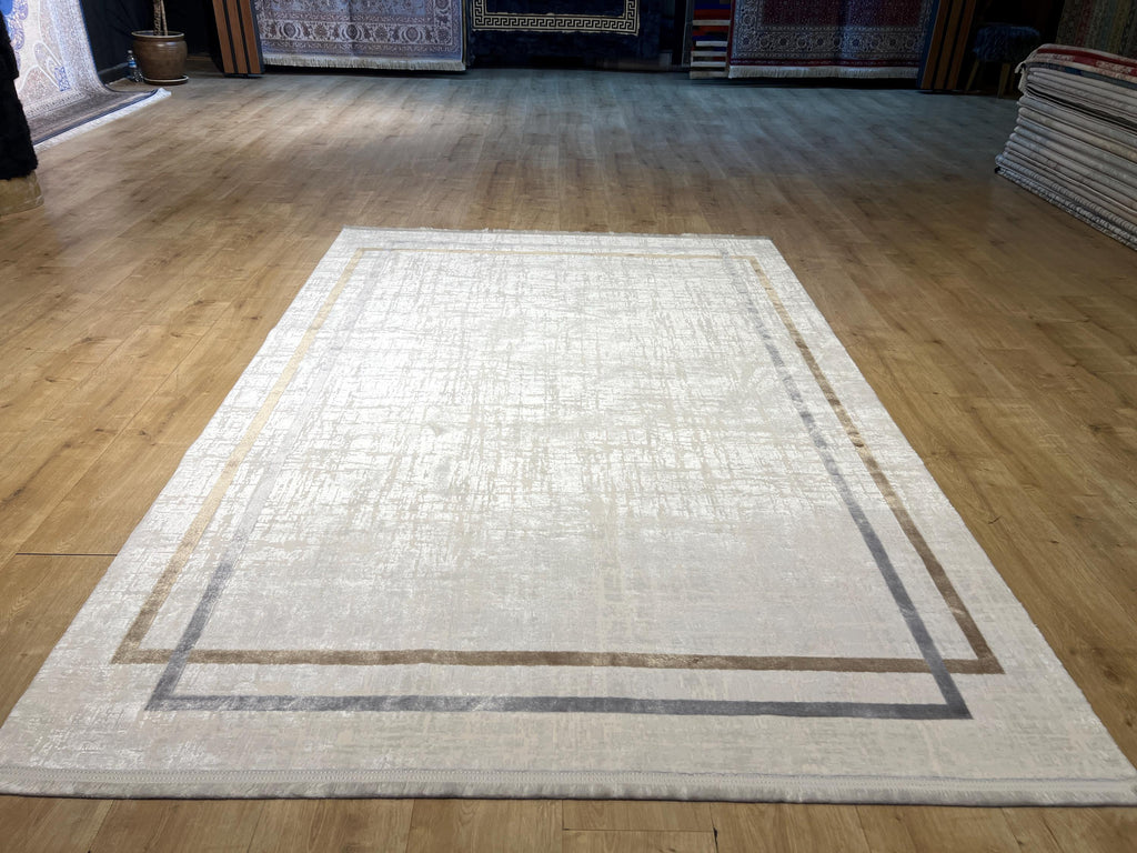5x8 Ft Cream Bamboo Rug with Gray Gold Border, Modern Style