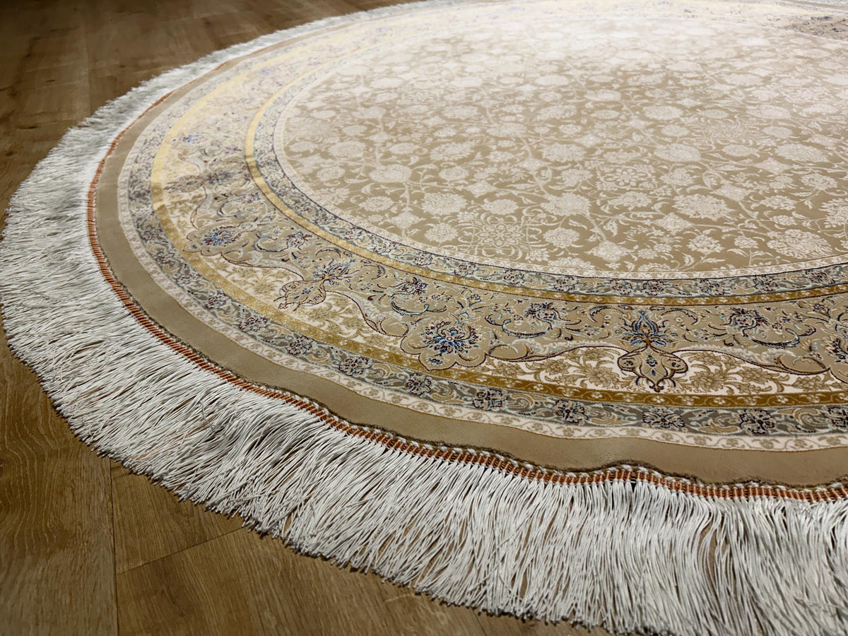 5x5 ft Beige Round Silk Rug, Classic Turkish Style Carpet, Floral Design