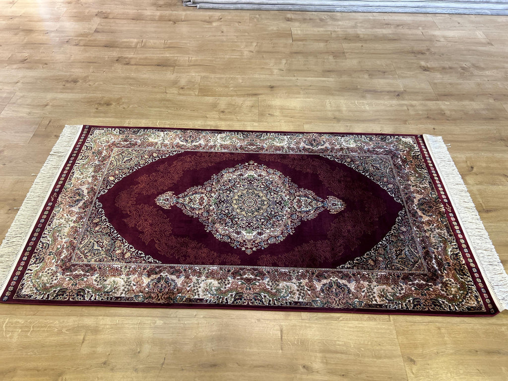 Red Silk Rug with Gold and Green Medallion, 3x5 ft, Classic Small Rug