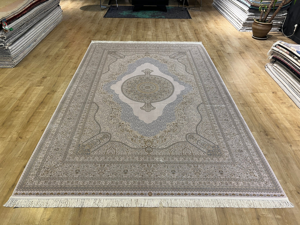7x10 ft Ivory Silk Rug with Grey Gold Medallion, Luxury Classic Floral Design