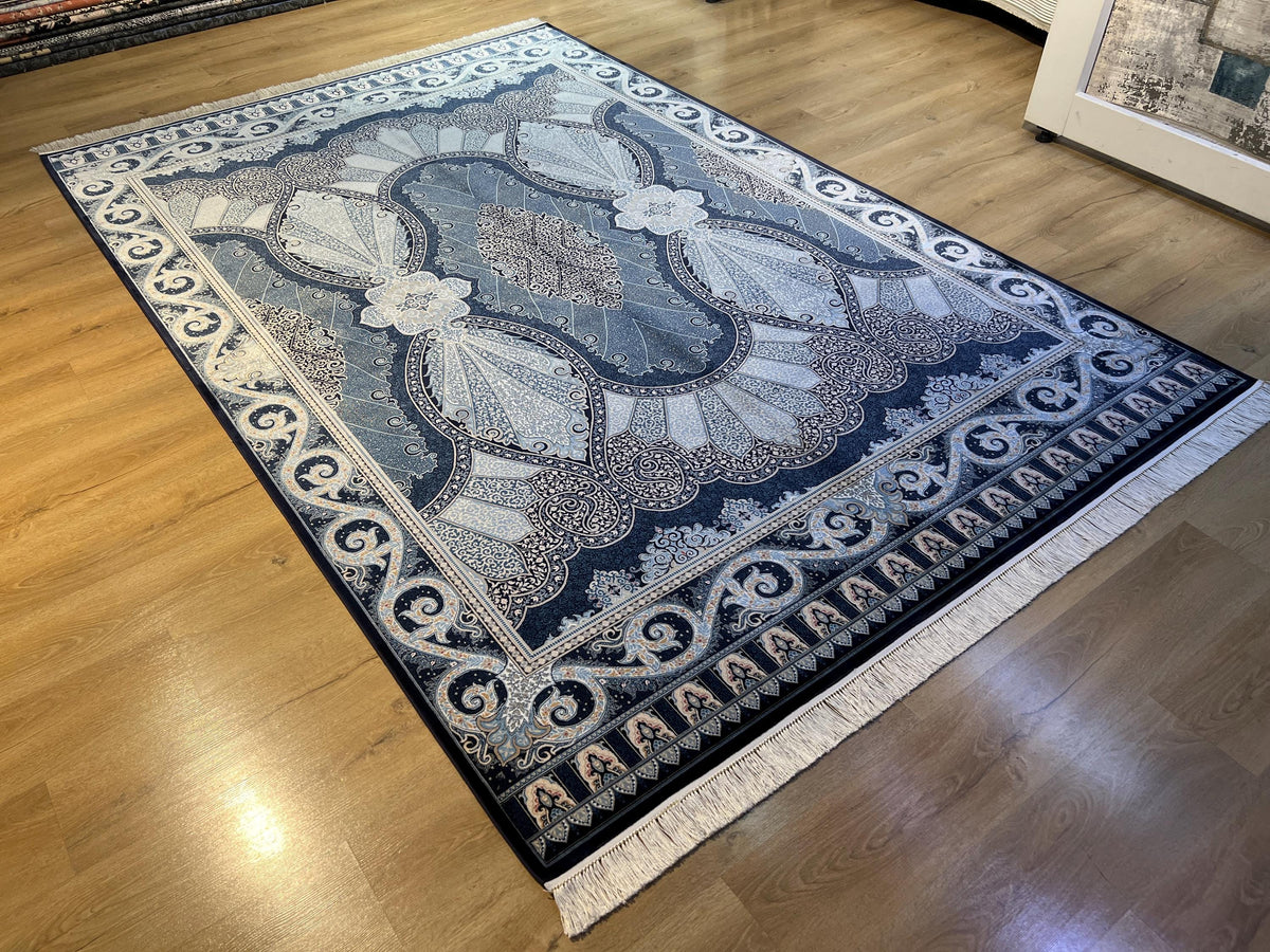 Navy Blue Silk Rug With Classic Ornamental Pattern