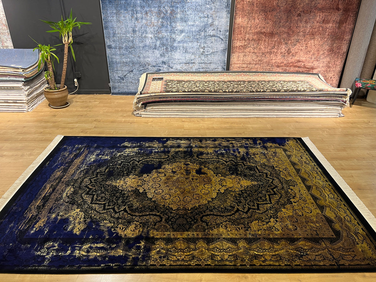7x10 ft Navy Blue Silk Rug, Antique Distressed Pattern Gold Medallion, Classic Design