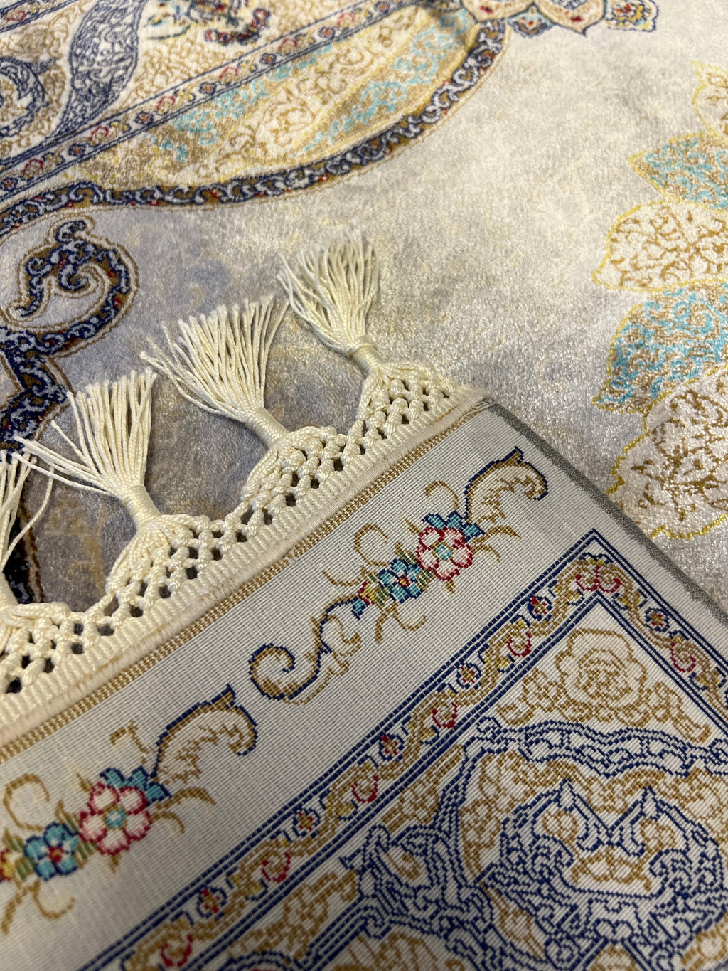 2x3 Ft Gray Silk Rug, Gold And Blue Medallion Pattern, Small Gift Rug, Tapestry