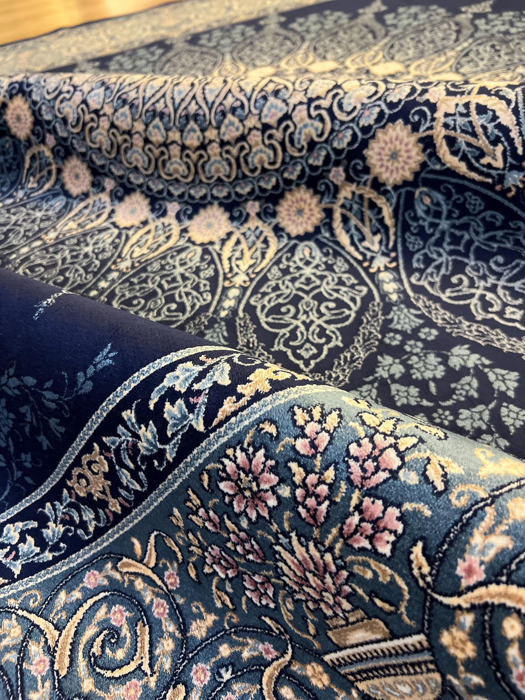 7x10 ft Elegant Navy Blue Silk Rug, Traditional Classic Medallion