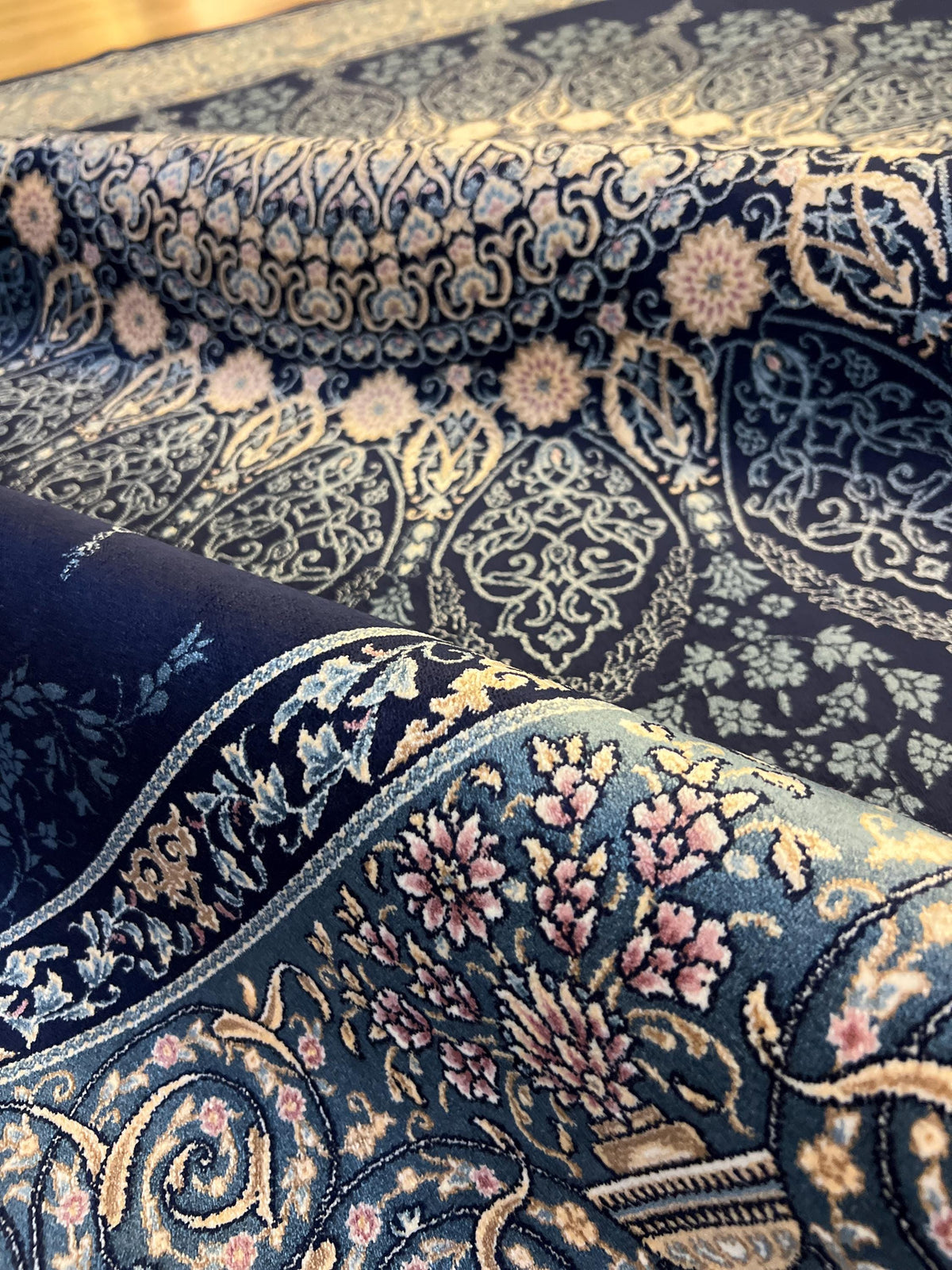 7x10 ft Elegant Navy Blue Silk Rug, Traditional Classic Medallion