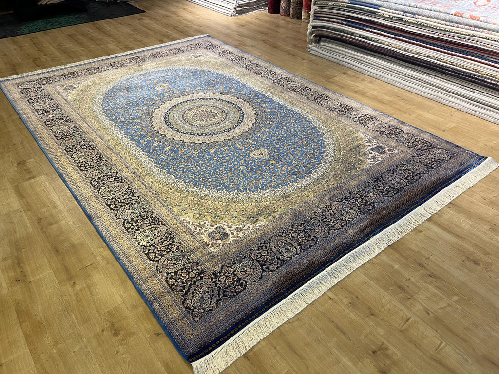 Blue Beige Silk Palace Rug, Traditional Turkish Carpet (8x11 ft)