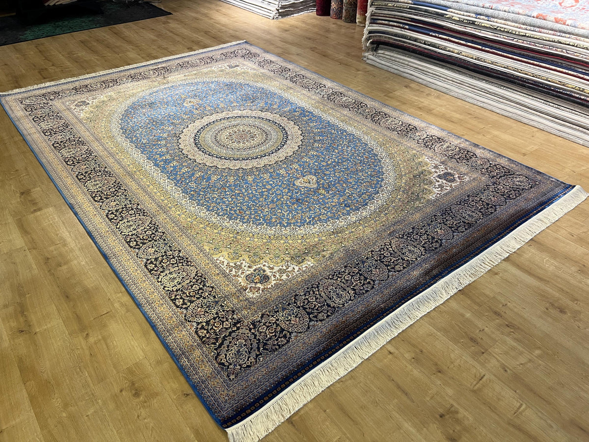 Blue Beige Silk Palace Rug, Traditional Turkish Carpet (8x11 ft)