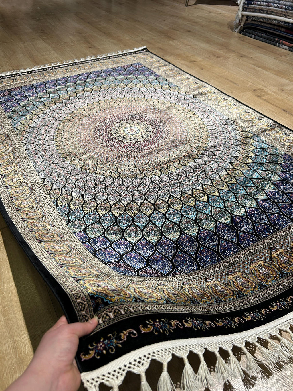 4x6 ft Blue Gold Silk Rug, Medallion Design, Classic Turkish Style Carpet, Luxury Rug