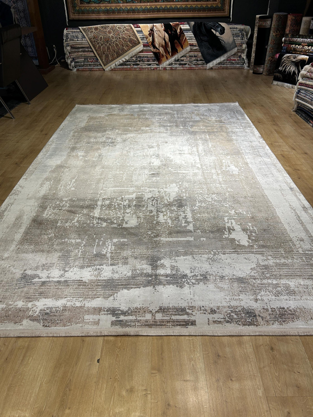7x10 Ft Gray Beige Bamboo Rug, Abstract Bamboo Carpet, Modern Home Decor