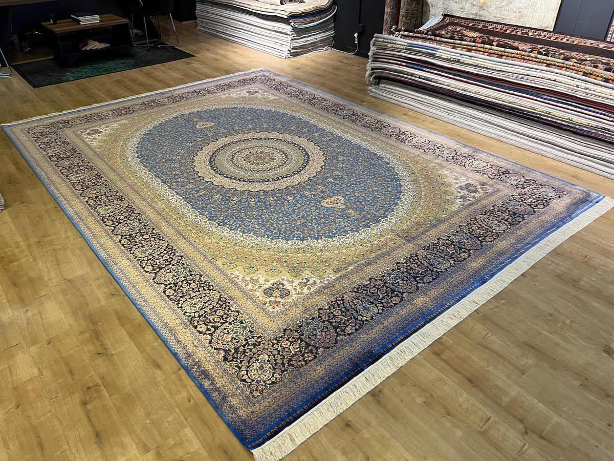 Bamboo Silk Rug 10x13 ft, Large Luxury Area Rug with Blue Medallion Design