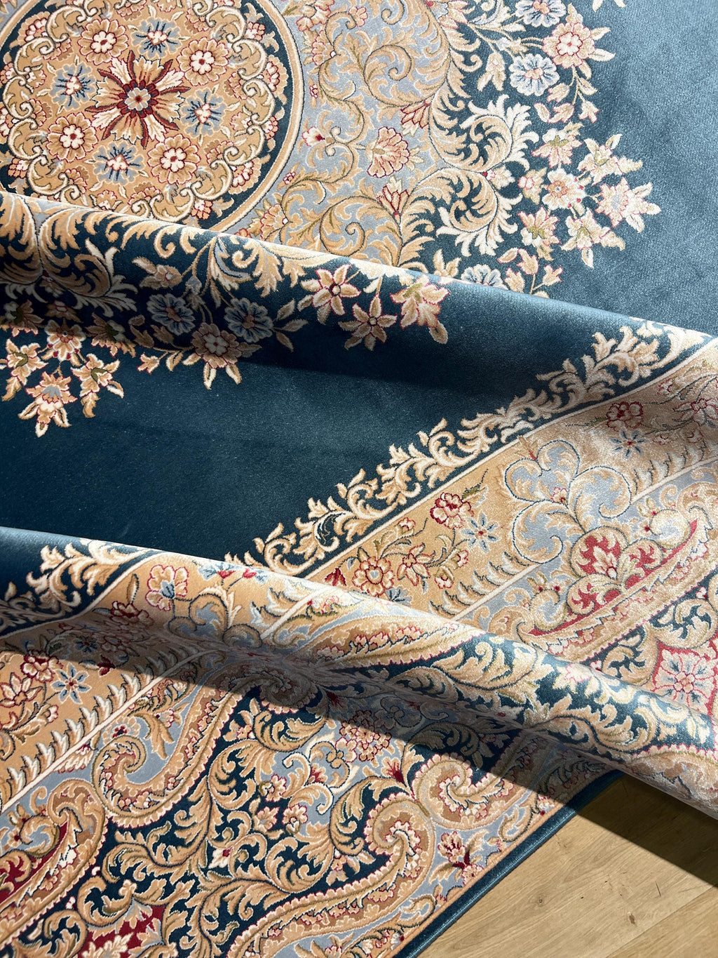 Blue Beige Silk Palace Rug, Traditional Turkish Carpet 8x11