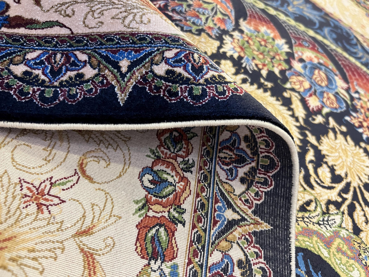 7x10 ft Navy Silk Rug with Peacock Medallion, Classic Luxury Design