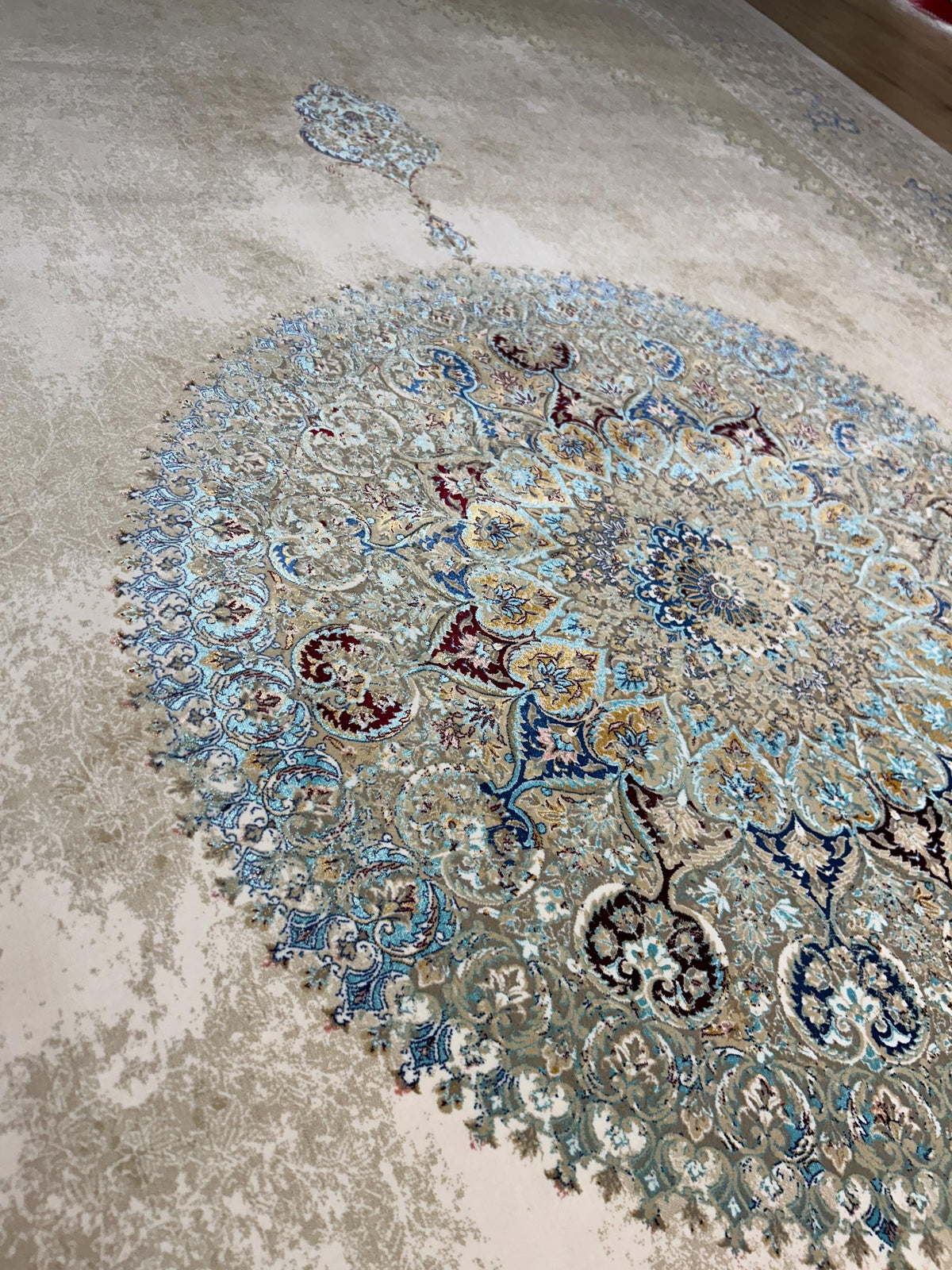 7x10 Beige Silk Rug, Blue Medallion Classic Luxury Turkish Carpet