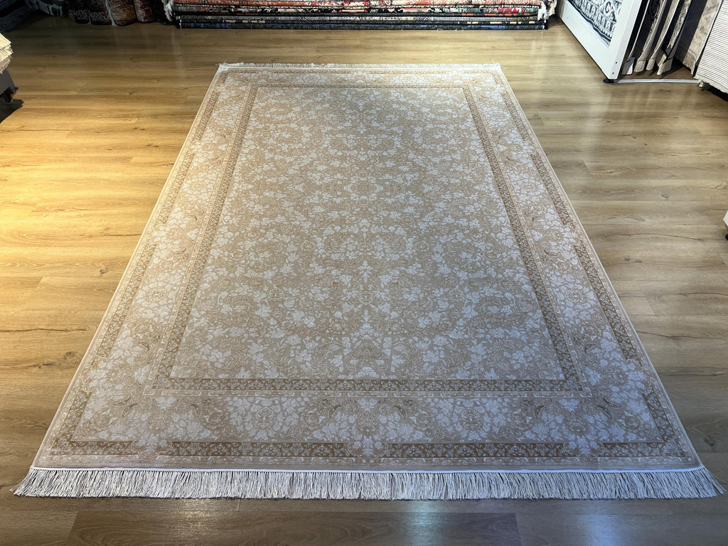 Cream Gold Silk Rug, Floral Pattern Classic Turkish Carpet