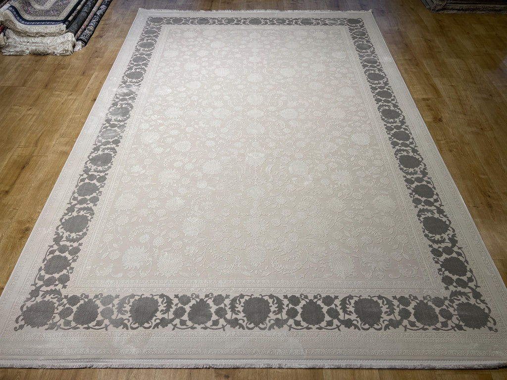 Ivory Floral Pattern Rug, Grey Border Carpet, Turkish Home Decor