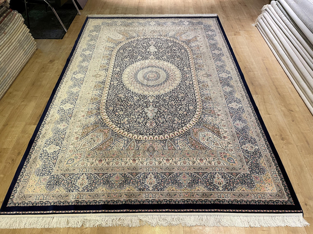 7x10 Ft Dark Blue Silk Rug, Luxury Medallion Design, Traditional Pattern
