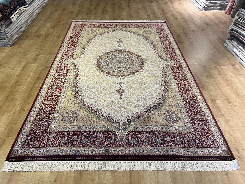 7x10 Bamboo Silk Rug, Red Gold Medallion Design, Beige Classic Turkish Carpet