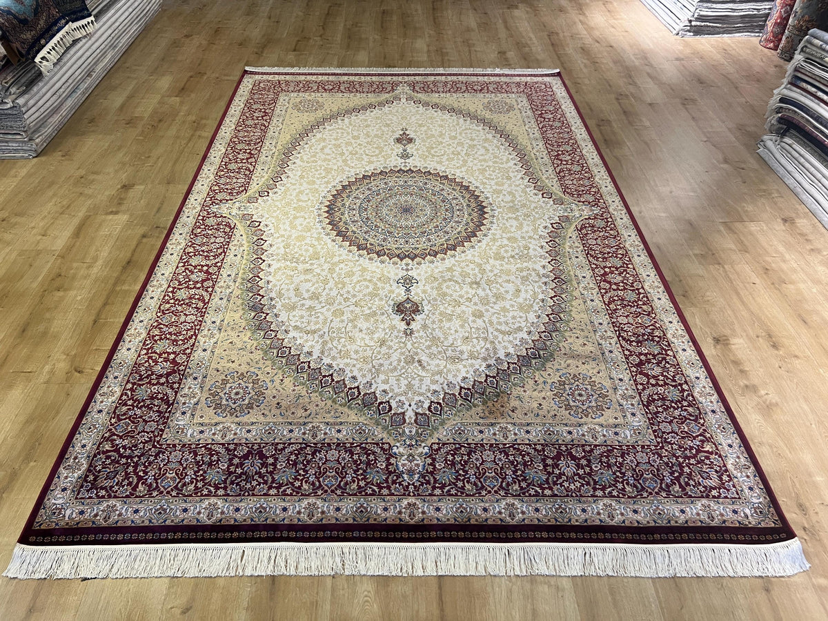 7x10 Bamboo Silk Rug, Red Gold Medallion Design, Beige Classic Turkish Carpet