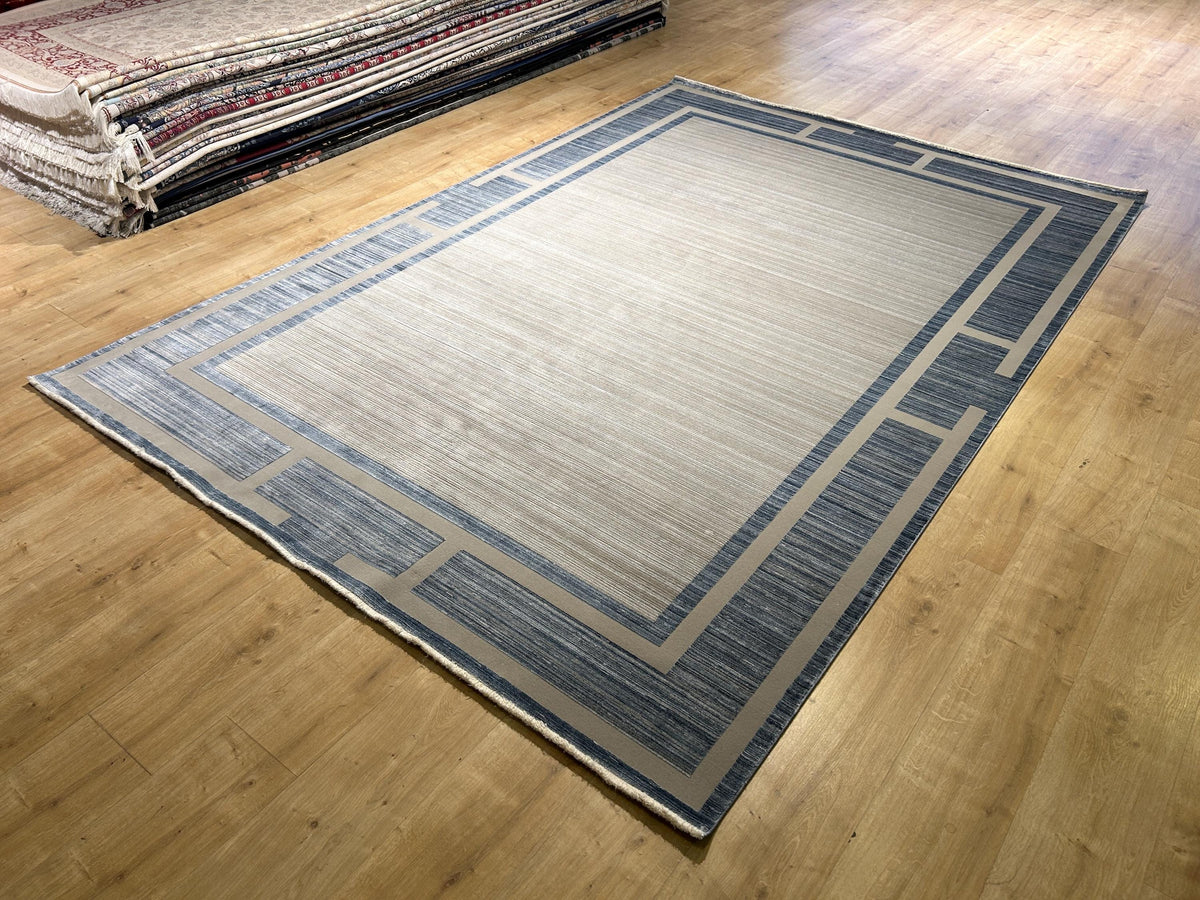 7x10 ft Blue Gray Beige Bamboo Rug, Bordered Minimalist Modern Rug, Oversize Carpet