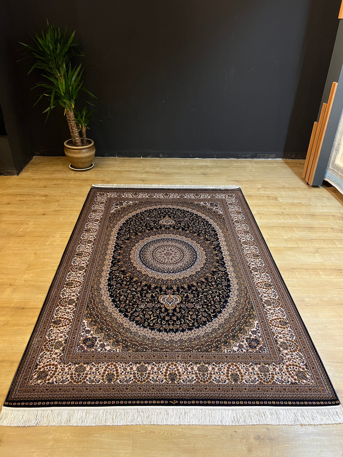 5x8 Ft Dark Navy Blue Medallion Silk Bamboo Area Rug, Classic Turkish Silk Carpet