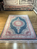 5x8 ft Blue Red Bamboo Silk Rug, Classic Medallion Rug