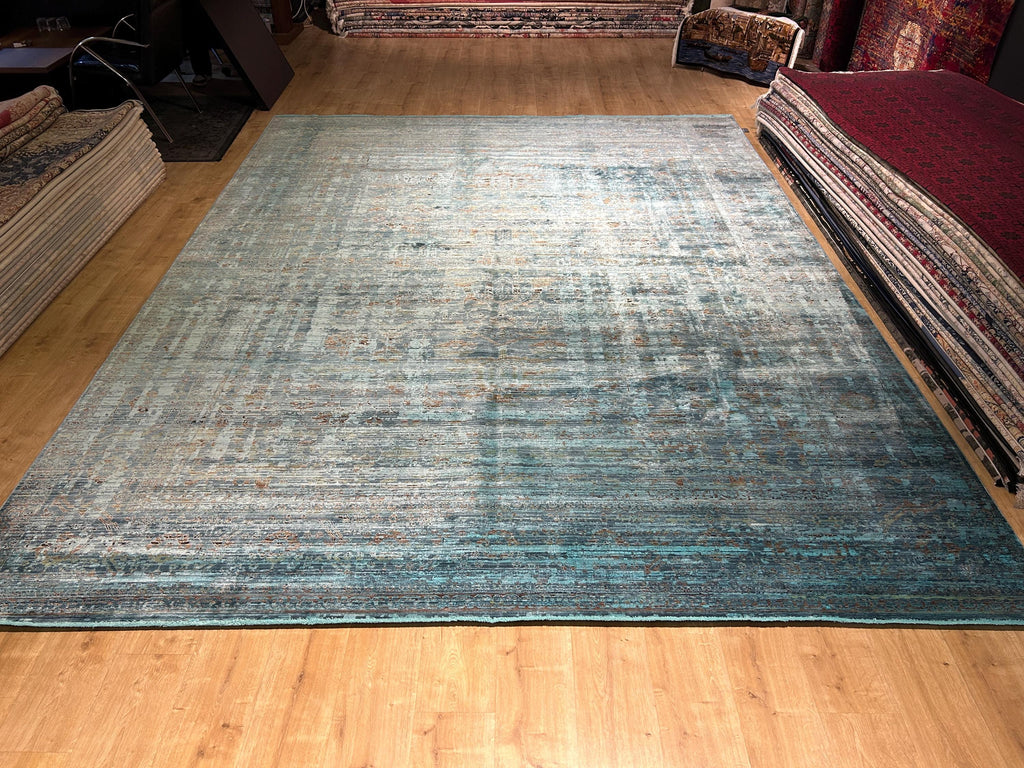 10x13 ft Turquoise Bamboo Rug, Distressed Pattern, Modern Rug