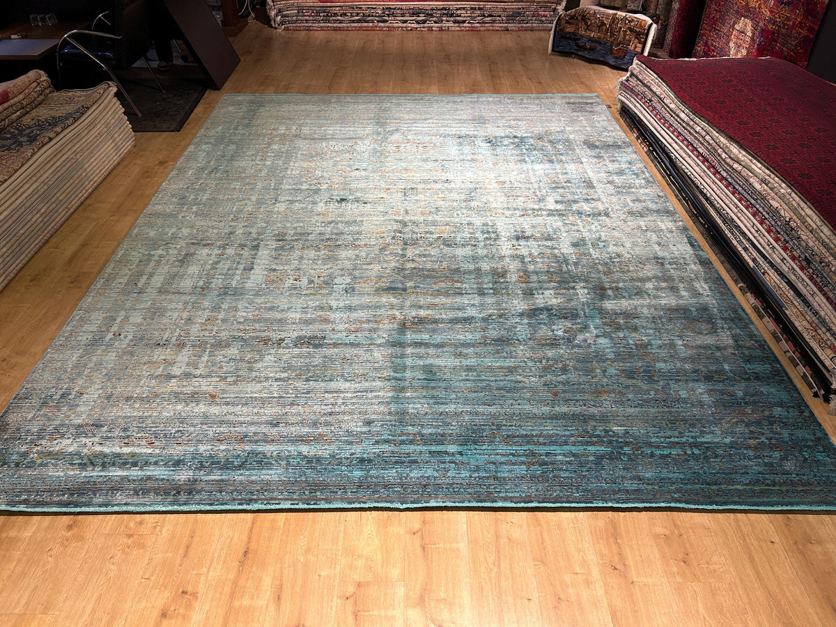 10x13 ft Turquoise Bamboo Rug, Distressed Pattern, Modern Rug