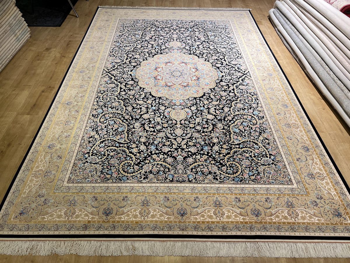 7x10ft Dark Blue Floral Silk Rug, Classic Medallion Oriental Area Rug, Living Room Carpet