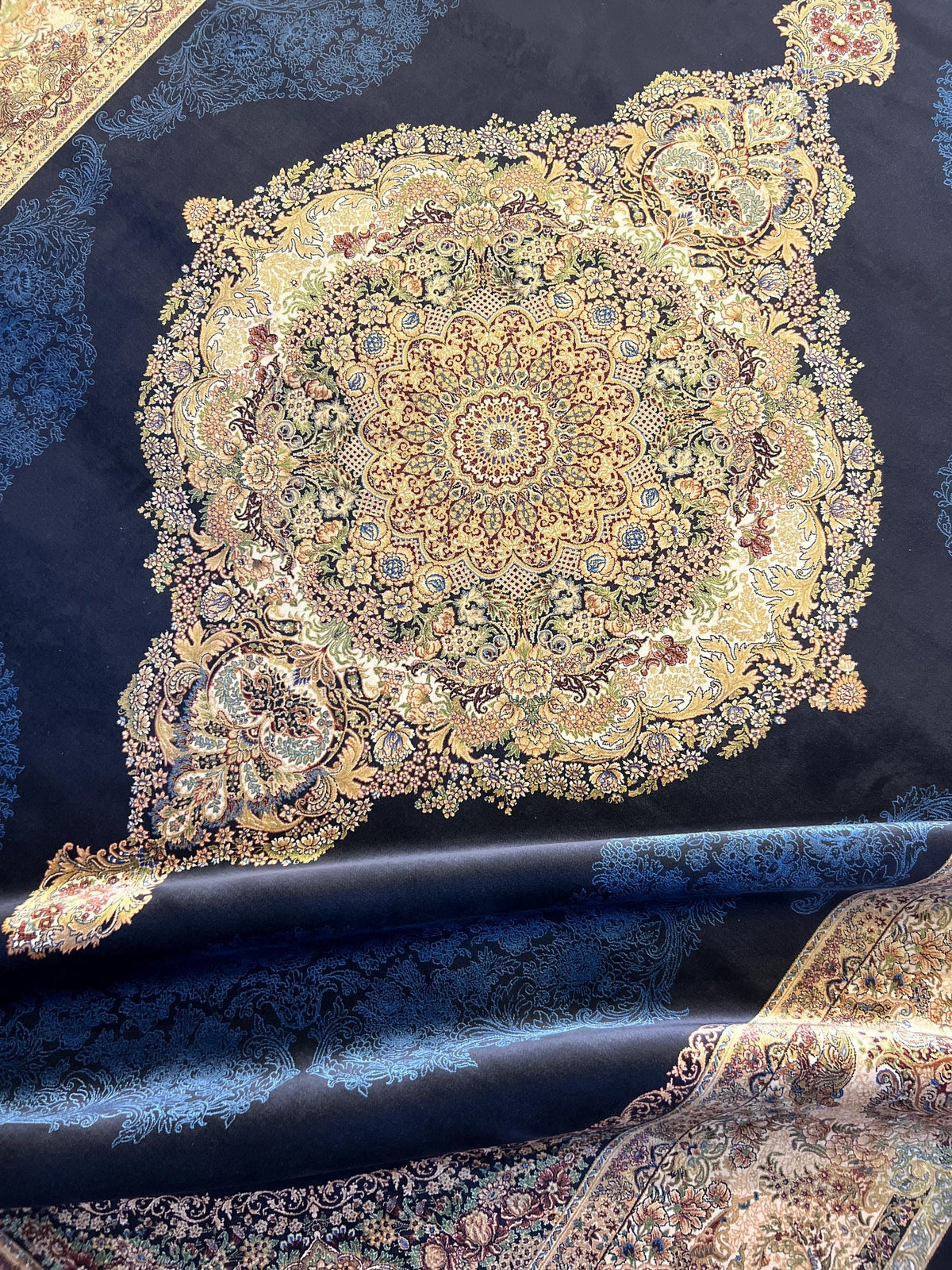 Navy Blue Modal Silk Rug 8x11, Turkish Palace Style