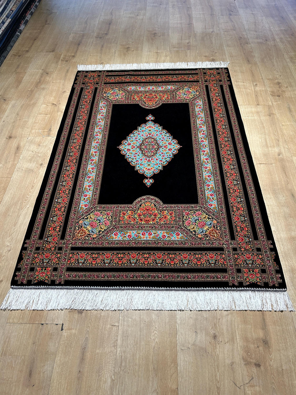 Black Silk Rug, Floral Medallion and Border Design Classic Luxury Silk Carpet
