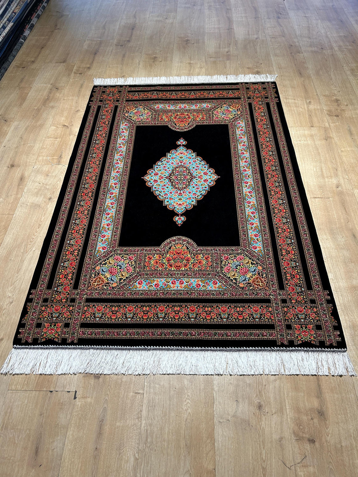 Black Silk Rug, Floral Medallion and Border Design Classic Luxury Silk Carpet