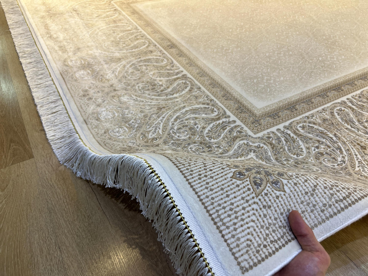 Cream Silk Rug, Grey Beige Framed Elegant Style, Luxury Home Decor