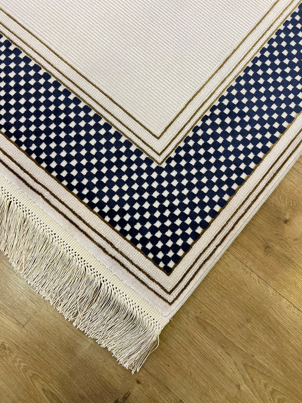 White and Blue Bamboo Rug, Bordered Minimalist Rug, 5x8 ft