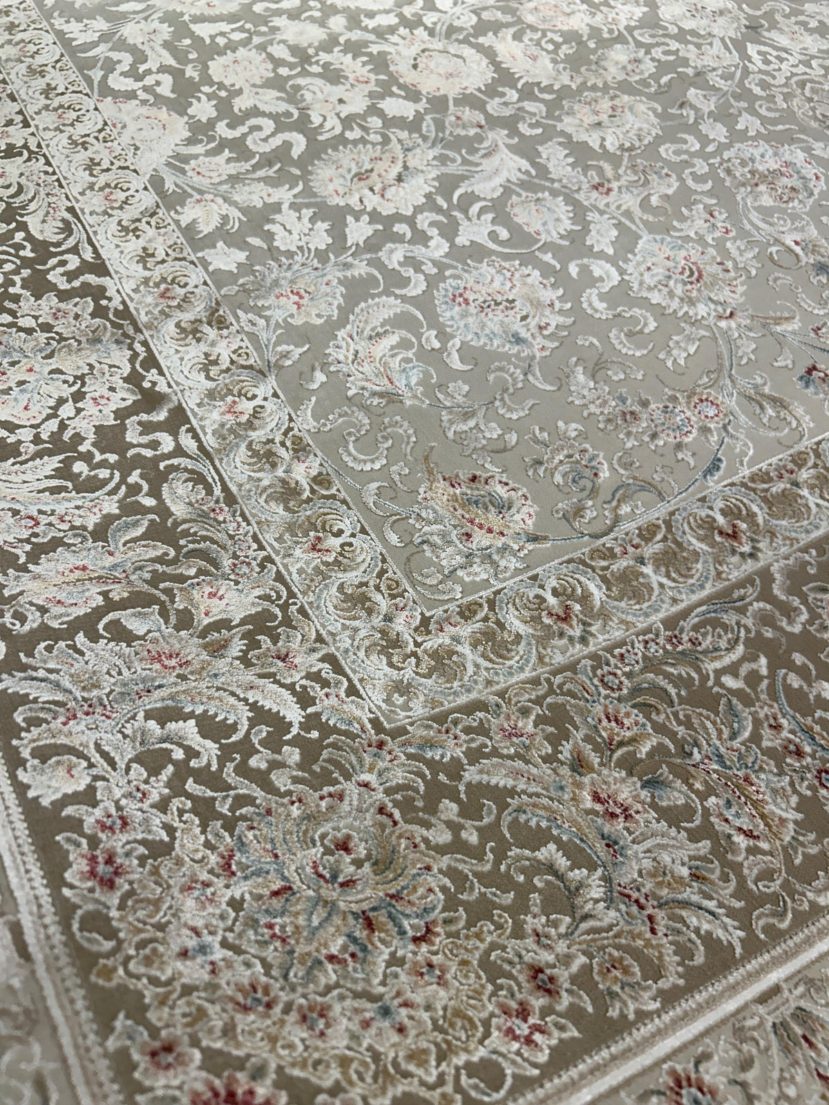 Beige Silk Rug, Classic Silk Carpet with Floral Pattern